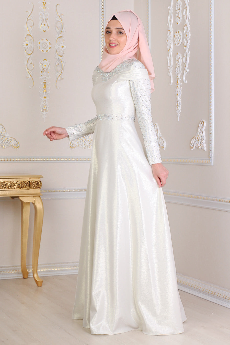 Pearl Detailed Ecru Modest Evening Dress – Anyqah